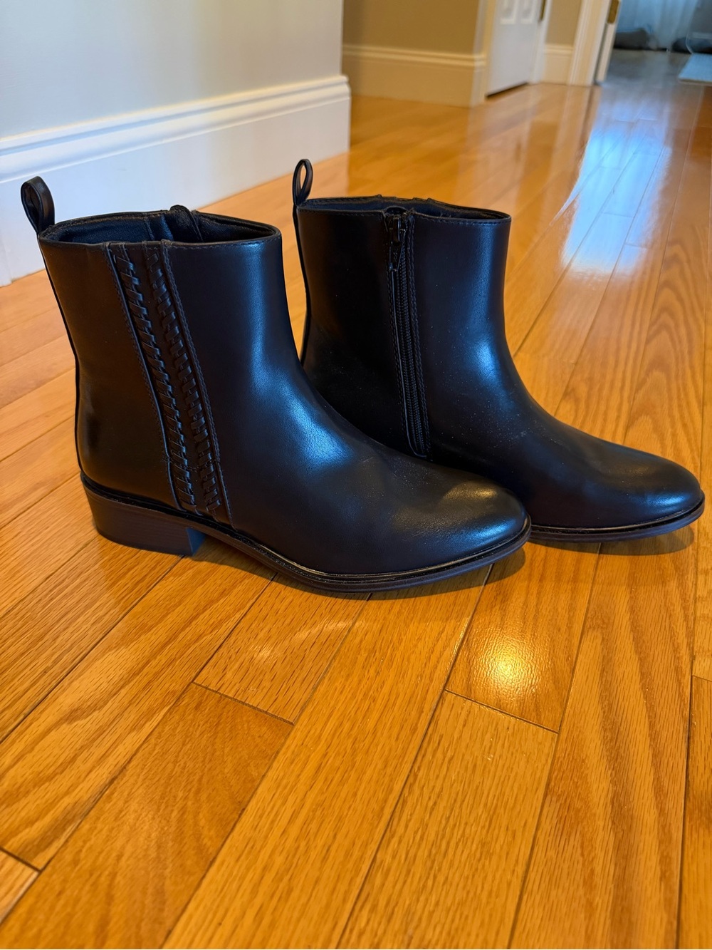 Baretraps Avana Boot. Block heel, almond toe and woven side detail.